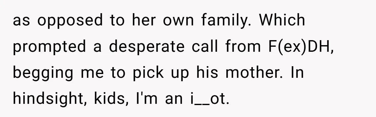 as opposed to her own family. Which prompted a desperate call from F(ex)DH, begging me to pick up his mother. In hindsight, kids, I'm an i__ot.