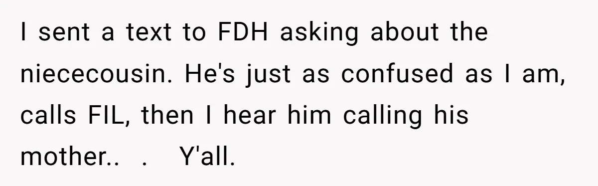 I sent a text to FDH asking about the niececousin. He's just as confused as I am, calls FIL, then I hear him calling his mother..  .   Y'all.