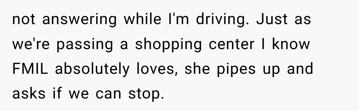 not answering while I'm driving. Just as we're passing a shopping center I know FMIL absolutely loves, she pipes up and asks if we can stop.