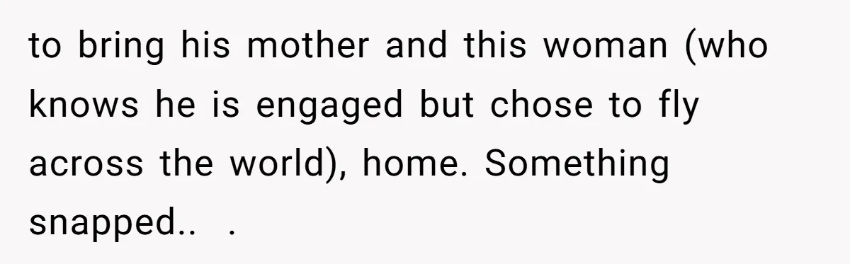 to bring his mother and this woman (who knows he is engaged but chose to fly across the world), home. Something snapped..  .