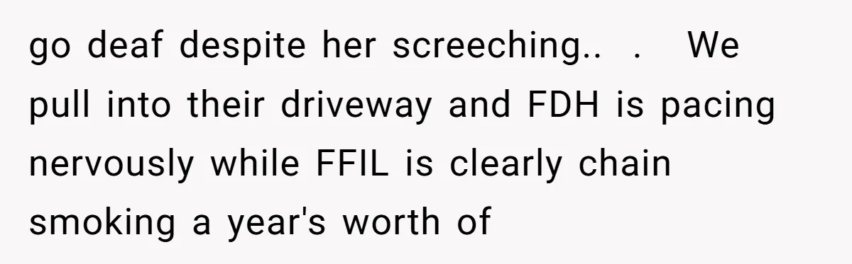 go deaf despite her screeching..  .   We pull into their driveway and FDH is pacing nervously while FFIL is clearly chain smoking a year's worth of
