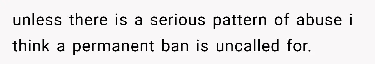 unless there is a serious pattern of abuse i think a permanent ban is uncalled for.