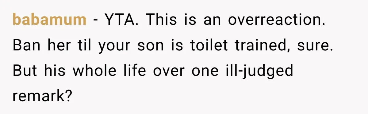 babamum − YTA. This is an overreaction. Ban her til your son is toilet trained, sure. But his whole life over one ill-judged remark?