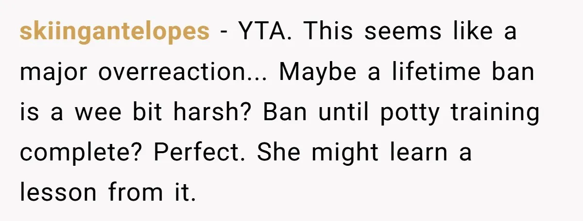 skiingantelopes − YTA. This seems like a major overreaction... Maybe a lifetime ban is a wee bit harsh? Ban until potty training complete? Perfect. She might learn a lesson from...