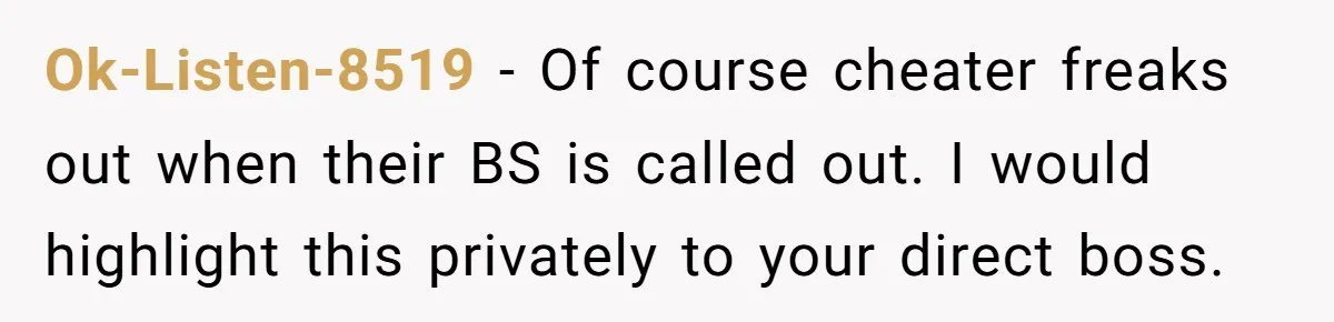 Ok-Listen-8519 − Of course cheater freaks out when their BS is called out. I would highlight this privately to your direct boss.