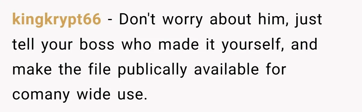 kingkrypt66 − Don't worry about him, just tell your boss who made it yourself, and make the file publically available for comany wide use.