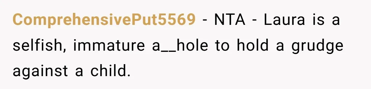 ComprehensivePut5569 − NTA - Laura is a selfish, immature a__hole to hold a grudge against a child.