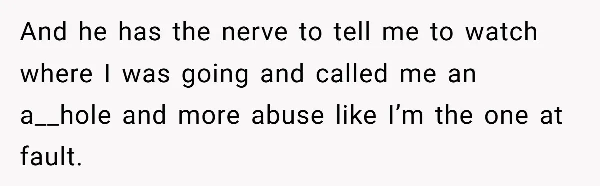 And he has the nerve to tell me to watch where I was going and called me an a__hole and more abuse like I’m the one at fault.