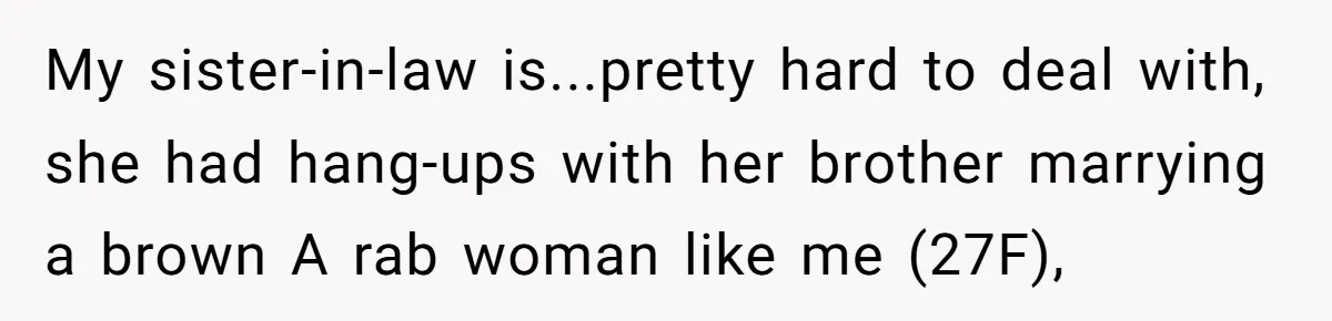 My sister-in-law is...pretty hard to deal with, she had hang-ups with her brother marrying a brown A rab woman like me (27F),