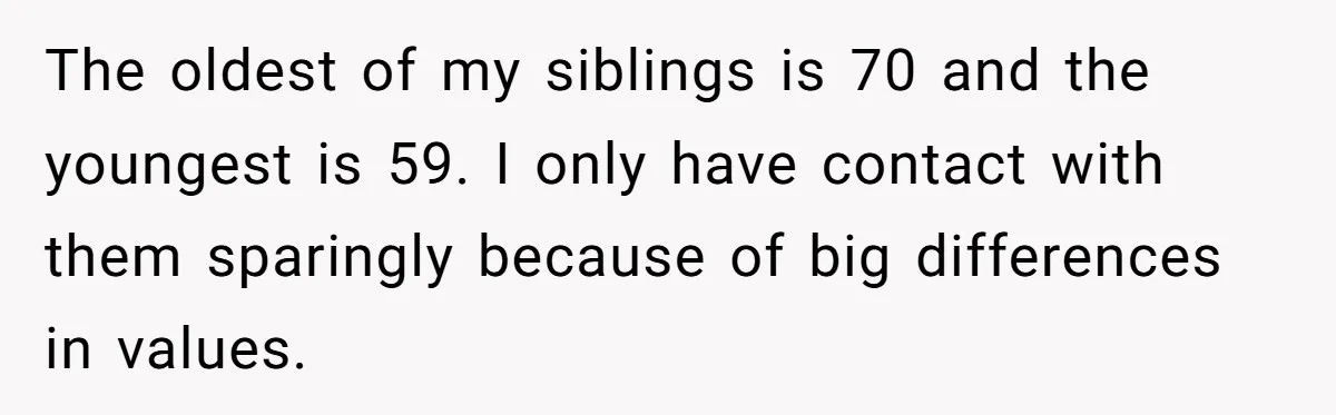 The oldest of my siblings is 70 and the youngest is 59. I only have contact with them sparingly because of big differences in values.
