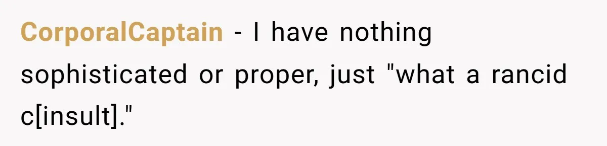 CorporalCaptain − I have nothing sophisticated or proper, just "what a rancid c[insult]."