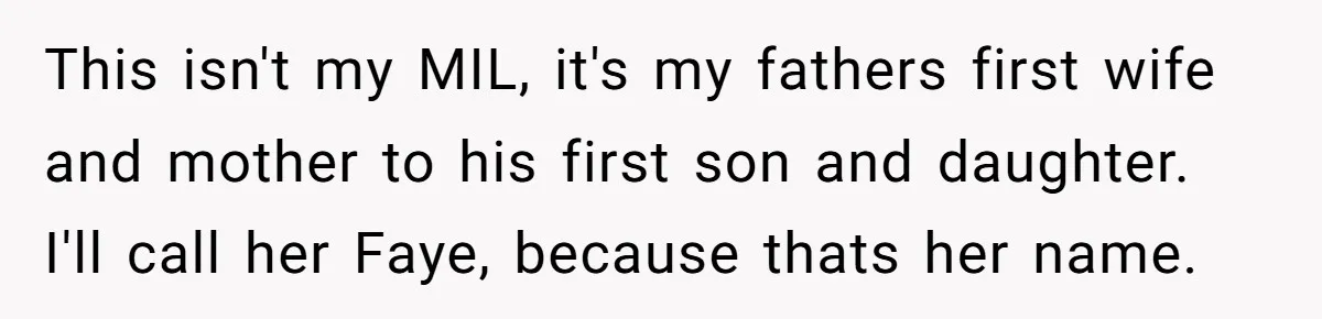 This isn't my MIL, it's my fathers first wife and mother to his first son and daughter. I'll call her Faye, because thats her name.