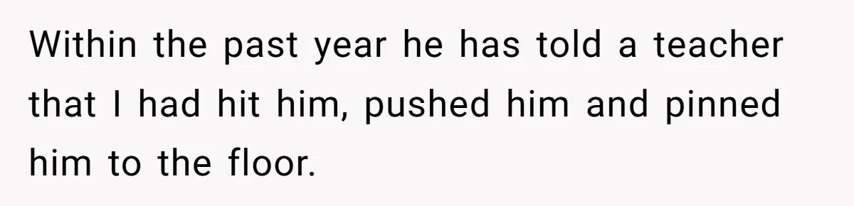 Within the past year he has told a teacher that I had hit him, pushed him and pinned him to the floor.