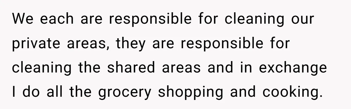 When Your Boyfriend’s Roommate Does All the Work But Gets None of the Thanks We each are responsible for cleaning our private areas, they are responsible for cleaning the shared areas and in exchange I do all the grocery shopping and cooking.