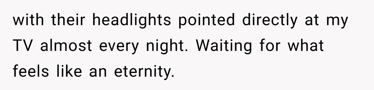 with their headlights pointed directly at my TV almost every night. Waiting for what feels like an eternity.