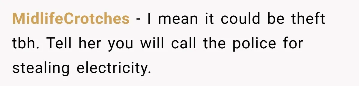MidlifeCrotches − I mean it could be theft tbh. Tell her you will call the police for stealing electricity.