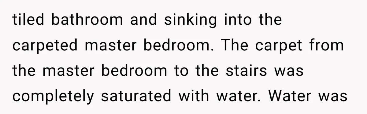 How a "Relaxing Bath" Turned Into a Waterlogged Disaster for This Heartbroken Couple tiled bathroom and sinking into the carpeted master bedroom. The carpet from the master bedroom to the stairs was completely saturated with water. Water was