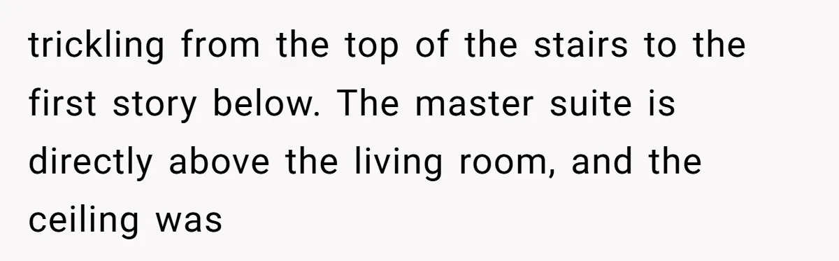 How a "Relaxing Bath" Turned Into a Waterlogged Disaster for This Heartbroken Couple trickling from the top of the stairs to the first story below. The master suite is directly above the living room, and the ceiling was