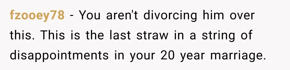 fzooey78 − You aren't divorcing him over this. This is the last straw in a string of disappointments in your 20 year marriage.