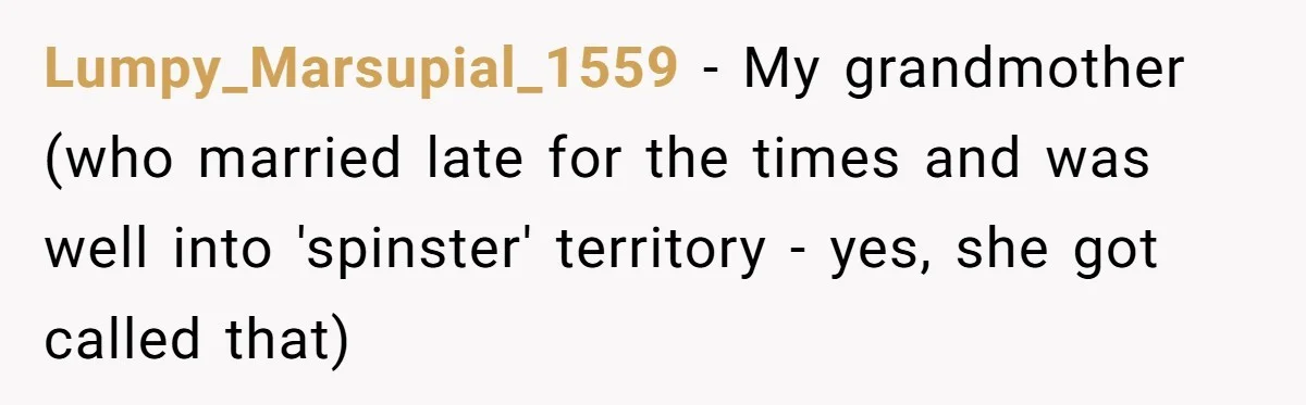 Sister-In-Law Tries To Humiliate Woman Over Her Age Using Young Child, But Backfires Spectacularly Lumpy_Marsupial_1559 − My grandmother (who married late for the times and was well into 'spinster' territory - yes, she got called that)