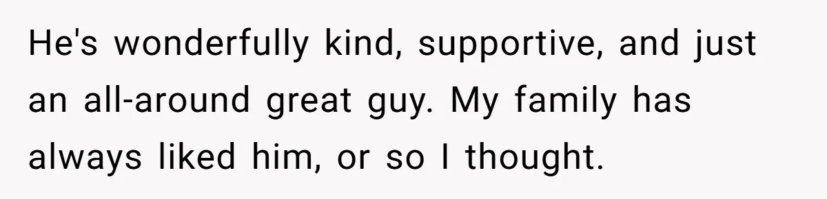 He's wonderfully kind, supportive, and just an all-around great guy. My family has always liked him, or so I thought.