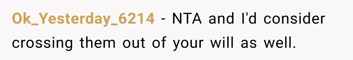 Ok_Yesterday_6214 − NTA and I'd consider crossing them out of your will as well.
