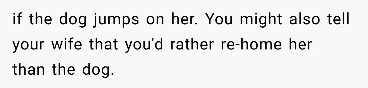 if the dog jumps on her. You might also tell your wife that you'd rather re-home her than the dog.