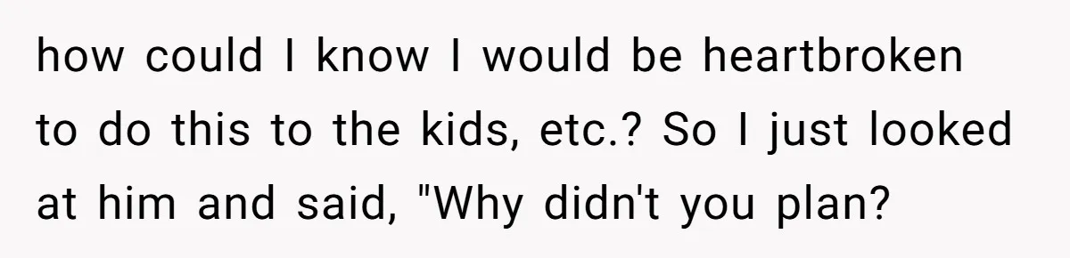 how could I know I would be heartbroken to do this to the kids, etc.? So I just looked at him and said, "Why didn't you plan?