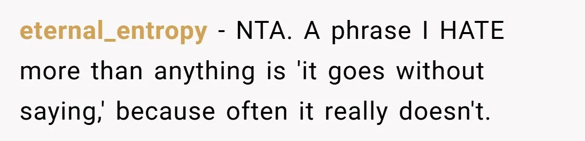 eternal_entropy − NTA. A phrase I HATE more than anything is 'it goes without saying,' because often it really doesn't.