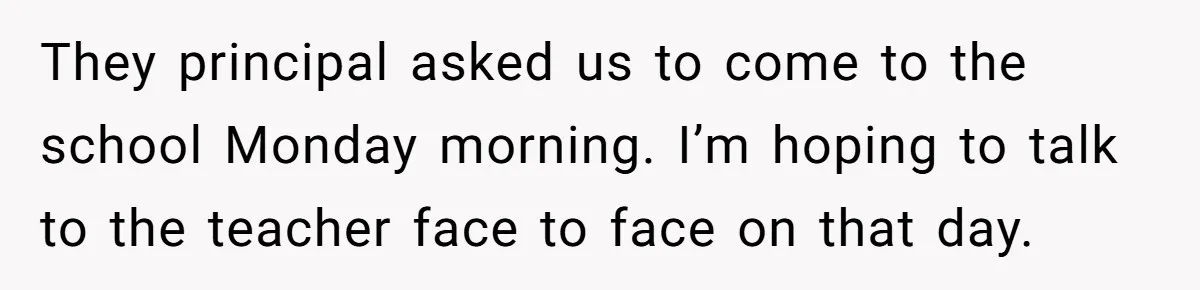 They principal asked us to come to the school Monday morning. I’m hoping to talk to the teacher face to face on that day.