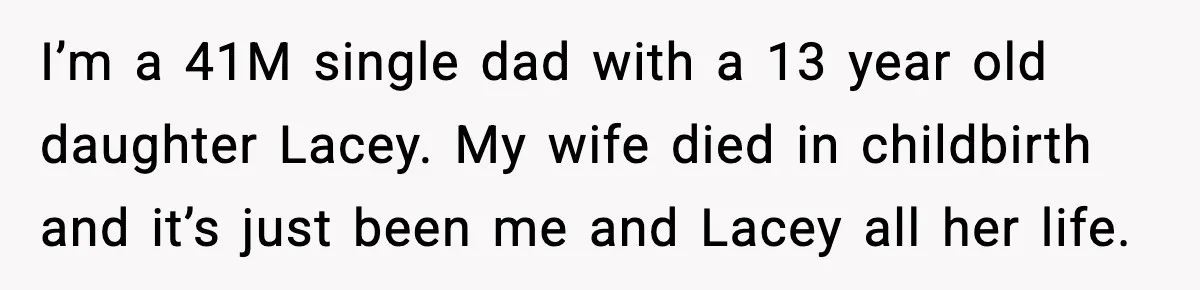 Single Dad Talks Hygiene With Teen Daughter, Gets Accused Of “Period Shaming” I’m a 41M single dad with a 13 year old daughter Lacey. My wife died in childbirth and it’s just been me and Lacey all her life.