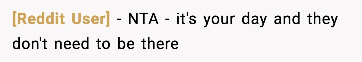 [Reddit User] − NTA - it's your day and they don't need to be there
