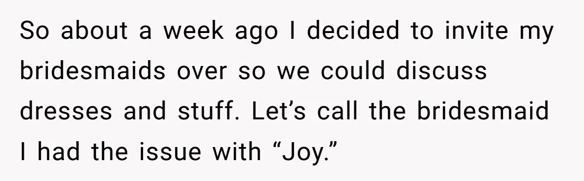 So about a week ago I decided to invite my bridesmaids over so we could discuss dresses and stuff. Let’s call the bridesmaid I had the issue with “Joy.”