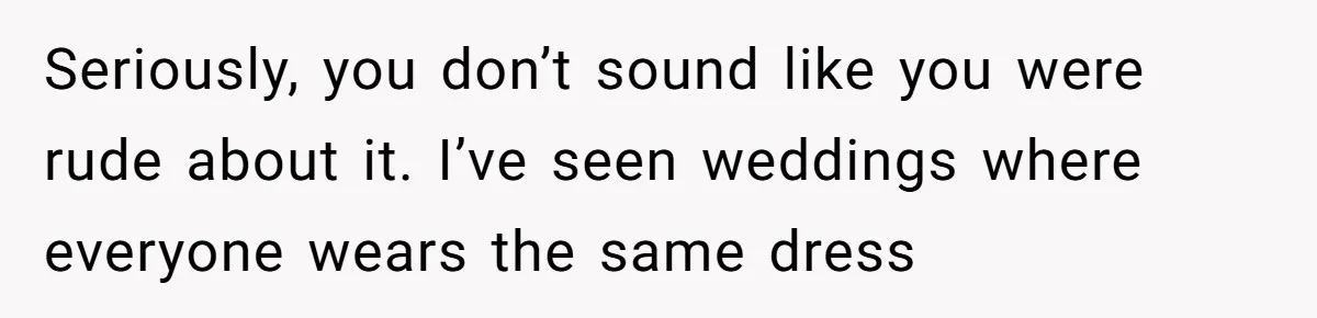 Seriously, you don’t sound like you were rude about it. I’ve seen weddings where everyone wears the same dress