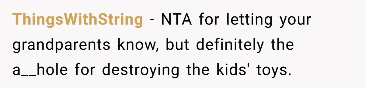 ThingsWithString − NTA for letting your grandparents know, but definitely the a__hole for destroying the kids' toys.