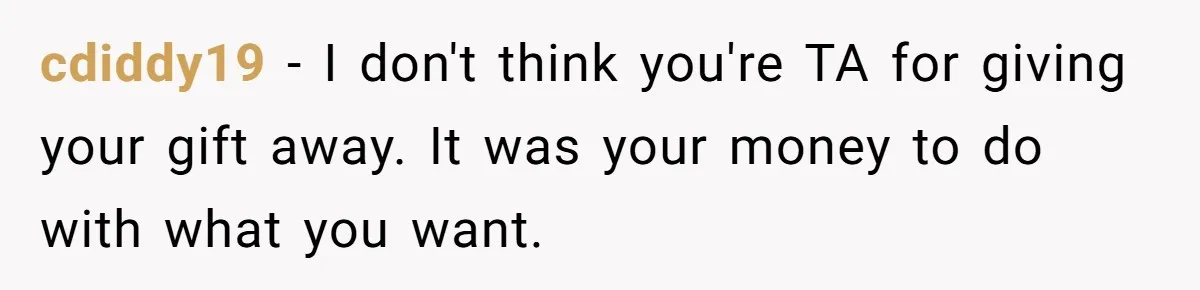 cdiddy19 − I don't think you're TA for giving your gift away. It was your money to do with what you want.