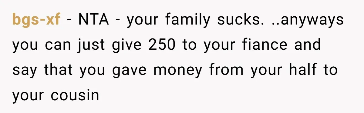 bgs-xf − NTA - your family sucks. ..anyways you can just give 250 to your fiance and say that you gave money from your half to your cousin