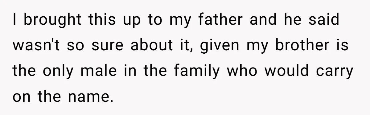 Bride-To-Be Wants Fiancé To Take Her Last Name, Dad And Brother Call It Inconsiderate I brought this up to my father and he said wasn't so sure about it, given my brother is the only male in the family who would carry on the...