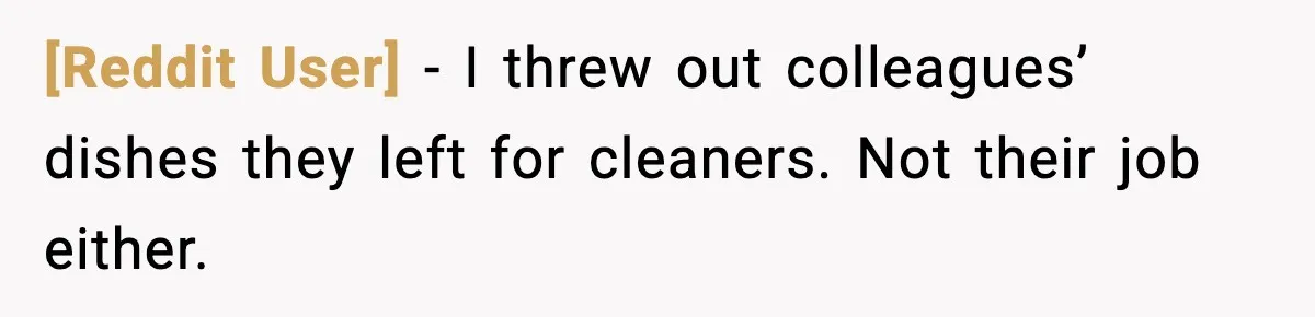 [Reddit User] - I threw out colleagues’ dishes they left for cleaners. Not their job either.