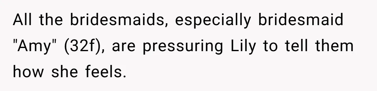 All the bridesmaids, especially bridesmaid "Amy" (32f), are pressuring Lily to tell them how she feels.
