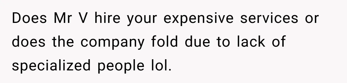 Does Mr V hire your expensive services or does the company fold due to lack of specialized people lol.