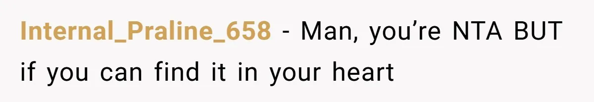 Internal_Praline_658 − Man, you’re NTA BUT if you can find it in your heart
