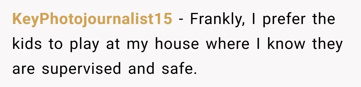 KeyPhotojournalist15 − Frankly, I prefer the kids to play at my house where I know they are supervised and safe.