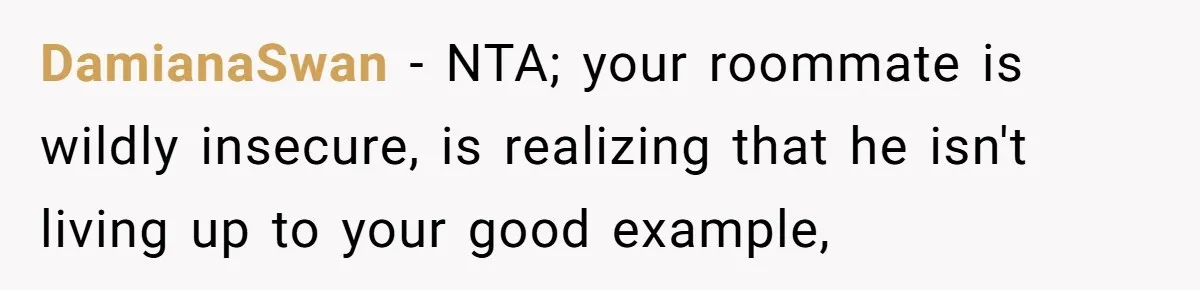DamianaSwan − NTA; your roommate is wildly insecure, is realizing that he isn't living up to your good example,