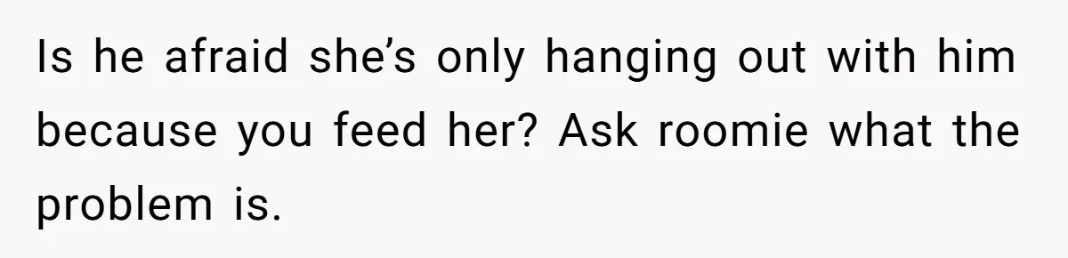 Is he afraid she’s only hanging out with him because you feed her? Ask roomie what the problem is.