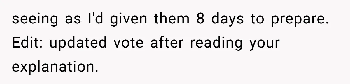 seeing as I'd given them 8 days to prepare. Edit: updated vote after reading your explanation.
