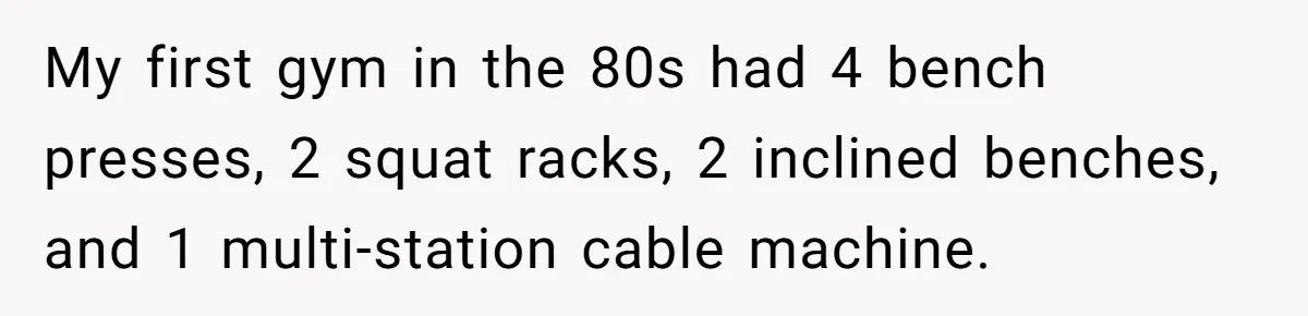 My first gym in the 80s had 4 bench presses, 2 squat racks, 2 inclined benches, and 1 multi-station cable machine.