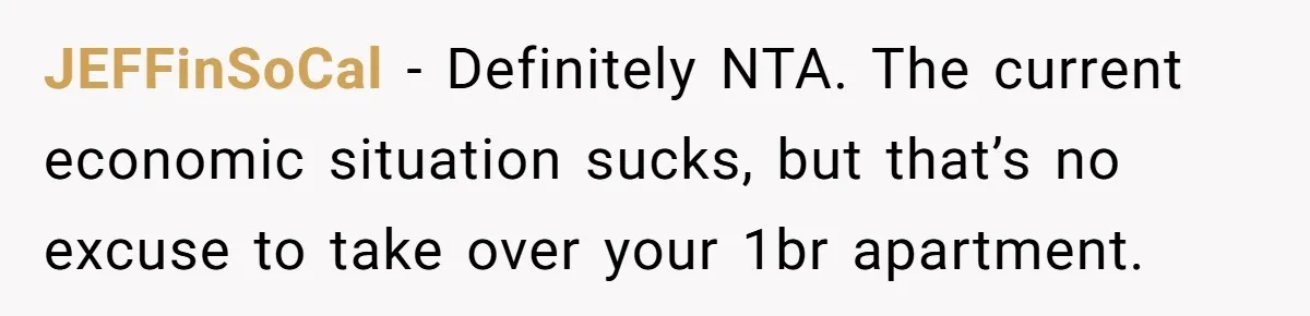 JEFFinSoCal − Definitely NTA. The current economic situation sucks, but that’s no excuse to take over your 1br apartment.