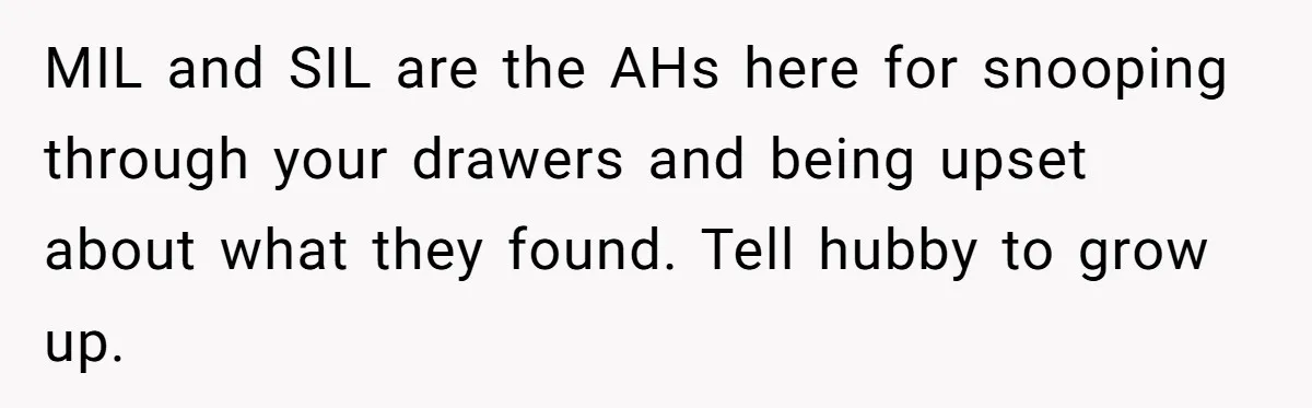 MIL and SIL are the AHs here for snooping through your drawers and being upset about what they found. Tell hubby to grow up.