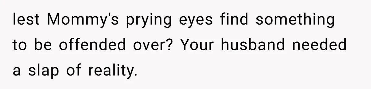 lest Mommy's prying eyes find something to be offended over? Your husband needed a slap of reality.